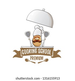 Cooking school classes logo or label with smiling chef potato with hat isolated on white background. Vector Creative concept of cooking lessons for kids and family