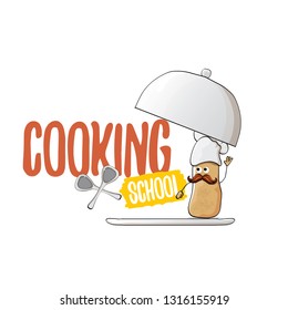 Cooking school classes logo or label with smiling chef potato with hat isolated on white background. Vector Creative concept of cooking lessons for kids and family