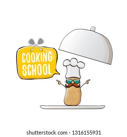 Cooking school classes logo or label with smiling chef potato with hat isolated on white background. Vector Creative concept of cooking lessons for kids and family