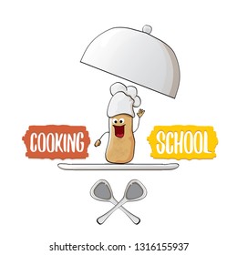 Cooking school classes logo or label with smiling chef potato with hat isolated on white background. Vector Creative concept of cooking lessons for kids and family