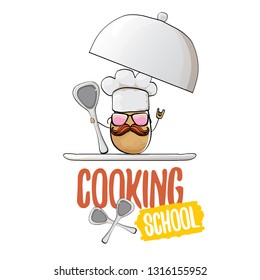 Cooking school classes logo or label with smiling chef potato with hat isolated on white background. Vector Creative concept of cooking lessons for kids and family