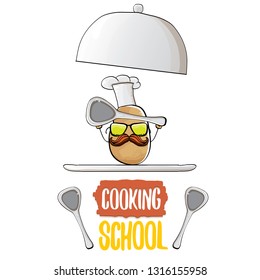 Cooking school classes logo or label with smiling chef potato with hat isolated on white background. Vector Creative concept of cooking lessons for kids and family