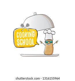 Cooking school classes logo or label with smiling chef potato with hat isolated on white background. Vector Creative concept of cooking lessons for kids and family