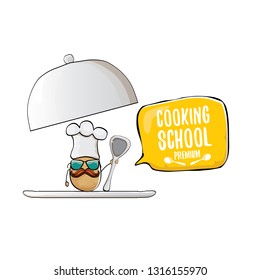 Cooking school classes logo or label with smiling chef potato with hat isolated on white background. Vector Creative concept of cooking lessons for kids and family