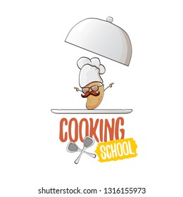 Cooking school classes logo or label with smiling chef potato with hat isolated on white background. Vector Creative concept of cooking lessons for kids and family