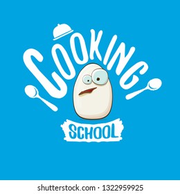 Cooking school classes logo or label with white egg cartoon character isolated on blue background. Vector Creative concept of cooking lessons for kids