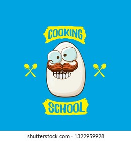 Cooking school classes logo or label with white egg cartoon character isolated on blue background. Vector Creative concept of cooking lessons for kids