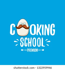 Cooking school classes logo or label with white egg cartoon character isolated on blue background. Vector Creative concept of cooking lessons for kids