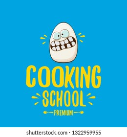 Cooking school classes logo or label with white egg cartoon character isolated on blue background. Vector Creative concept of cooking lessons for kids