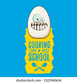 Cooking school classes logo or label with white egg cartoon character isolated on blue background. Vector Creative concept of cooking lessons for kids