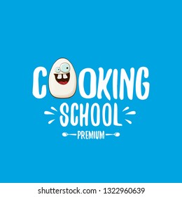 Cooking school classes logo or label with white egg cartoon character isolated on blue background. Vector Creative concept of cooking lessons for kids