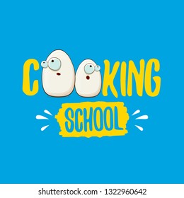 Cooking school classes logo or label with white egg cartoon character isolated on blue background. Vector Creative concept of cooking lessons for kids