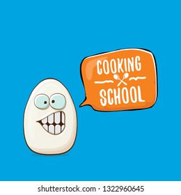 Cooking school classes logo or label with white egg cartoon character isolated on blue background. Vector Creative concept of cooking lessons for kids