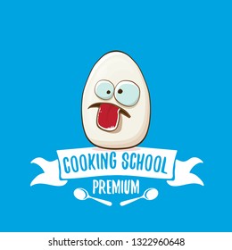Cooking school classes logo or label with white egg cartoon character isolated on blue background. Vector Creative concept of cooking lessons for kids