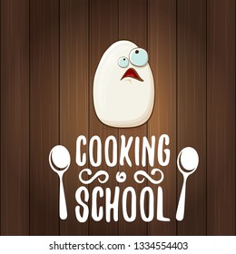 Cooking school classes logo or label with white egg cartoon character isolated on wooden background. Vector Creative concept of cooking lessons for kids