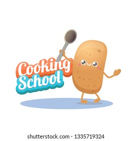 Cooking school classes logo or label with smiling tiny potato character on white background. Vector Creative concept of cooking lessons for kids and family