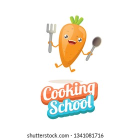 Cooking school classes logo or label with smiling carrot character holding fork and spoon on white background. Vector Creative concept of cooking lessons for kids and family