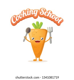 Cooking school classes logo or label with smiling carrot character holding fork and spoon on white background. Vector Creative concept of cooking lessons for kids and family
