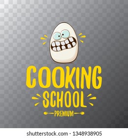 Cooking school classes logo or label with white egg cartoon character isolated on transparent background. Vector Creative concept of cooking lessons for kids