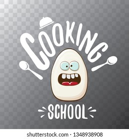 Cooking school classes logo or label with white egg cartoon character isolated on transparent background. Vector Creative concept of cooking lessons for kids