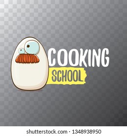 Cooking school classes logo or label with white egg cartoon character isolated on transparent background. Vector Creative concept of cooking lessons for kids
