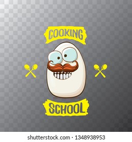 Cooking school classes logo or label with white egg cartoon character isolated on transparent background. Vector Creative concept of cooking lessons for kids