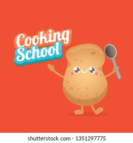 Cooking school classes logo or label with smiling tiny potato character on red background. Vector Creative concept of cooking lessons for kids and family