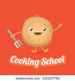 Cooking school classes logo or label with smiling tiny potato character on red background. Vector Creative concept of cooking lessons for kids and family