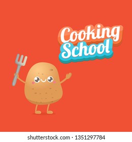 Cooking school classes logo or label with smiling tiny potato character on red background. Vector Creative concept of cooking lessons for kids and family