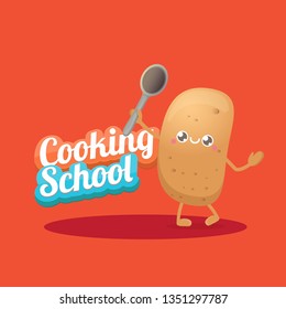 Cooking school classes logo or label with smiling tiny potato character on red background. Vector Creative concept of cooking lessons for kids and family