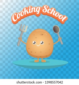 Cooking school classes logo or label with smiling tiny potato character on red background. Vector Creative concept of cooking lessons for kids and family
