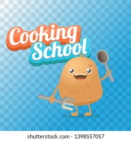 Cooking school classes logo or label with smiling tiny potato character on transparent background. Vector Creative concept of cooking lessons for kids and family