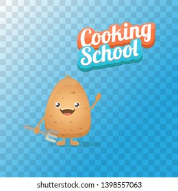 Cooking school classes logo or label with smiling tiny potato character on transparent background. Vector Creative concept of cooking lessons for kids and family