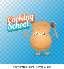 Cooking school classes logo or label with smiling tiny potato character on transparent background. Vector Creative concept of cooking lessons for kids and family