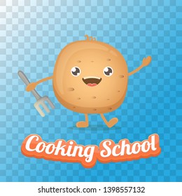 Cooking school classes logo or label with smiling tiny potato character on transparent background. Vector Creative concept of cooking lessons for kids and family