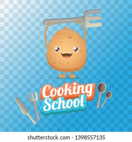Cooking school classes logo or label with smiling tiny potato character on transparent background. Vector Creative concept of cooking lessons for kids and family