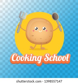 Cooking school classes logo or label with smiling tiny potato character on red background. Vector Creative concept of cooking lessons for kids and family