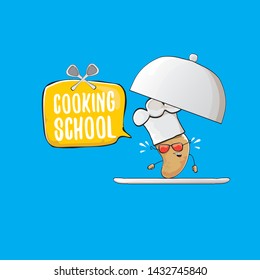 Cooking school classes logo or label with smiling chef potato with hat isolated on blue background. Vector Creative concept of cooking lessons for kids and family