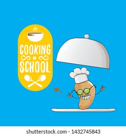 Cooking school classes logo or label with smiling chef potato with hat isolated on blue background. Vector Creative concept of cooking lessons for kids and family