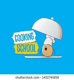 Cooking school classes logo or label with smiling chef potato with hat isolated on blue background. Vector Creative concept of cooking lessons for kids and family