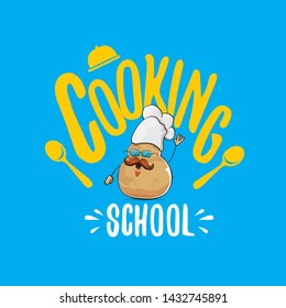 Cooking school classes logo or label with smiling chef potato with hat isolated on blue background. Vector Creative concept of cooking lessons for kids and family