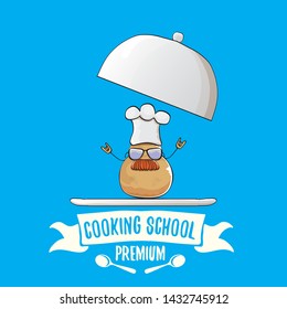 Cooking school classes logo or label with smiling chef potato with hat isolated on blue background. Vector Creative concept of cooking lessons for kids and family