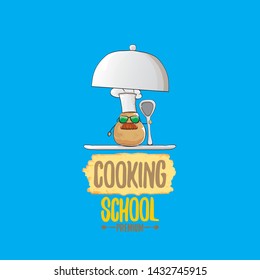 Cooking school classes logo or label with smiling chef potato with hat isolated on blue background. Vector Creative concept of cooking lessons for kids and family