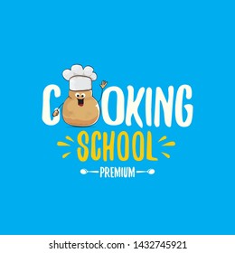 Cooking school classes logo or label with smiling chef potato with hat isolated on blue background. Vector Creative concept of cooking lessons for kids and family