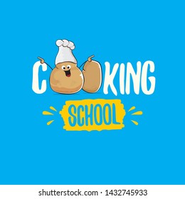 Cooking school classes logo or label with smiling chef potato with hat isolated on blue background. Vector Creative concept of cooking lessons for kids and family