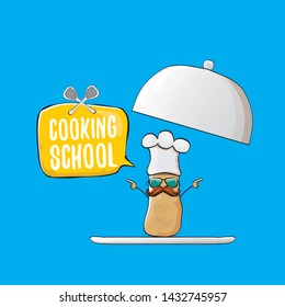 Cooking school classes logo or label with smiling chef potato with hat isolated on blue background. Vector Creative concept of cooking lessons for kids and family
