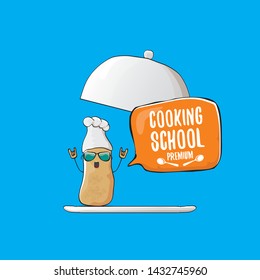 Cooking school classes logo or label with smiling chef potato with hat isolated on blue background. Vector Creative concept of cooking lessons for kids and family