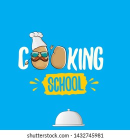 Cooking school classes logo or label with smiling chef potato with hat isolated on blue background. Vector Creative concept of cooking lessons for kids and family