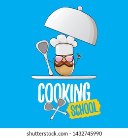Cooking school classes logo or label with smiling chef potato with hat isolated on blue background. Vector Creative concept of cooking lessons for kids and family