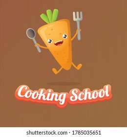 Cooking school classes logo or label with smiling carrot character holding fork and spoon on brown background. Vector Creative concept of cooking lessons for kids and family